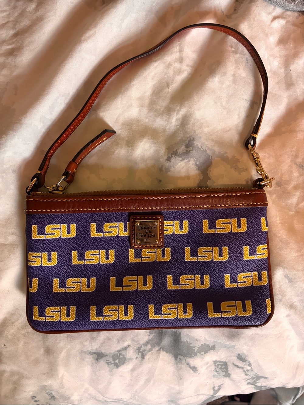 Dooney & Bourke Purple and Gold LSU Logo Wristlet